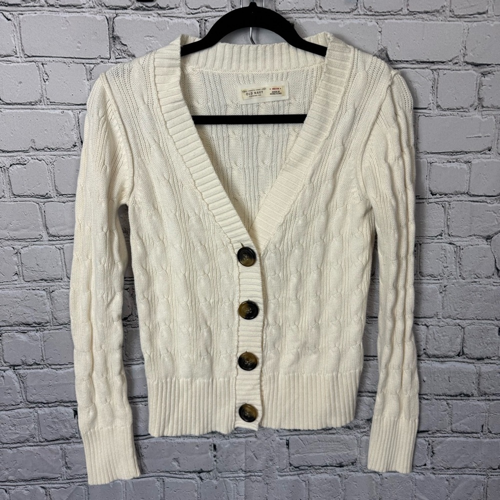 Old Navy Y2K 2007 Women's Button-Up Cable Knit Cardigan Cream 100% Cotton Sz Med